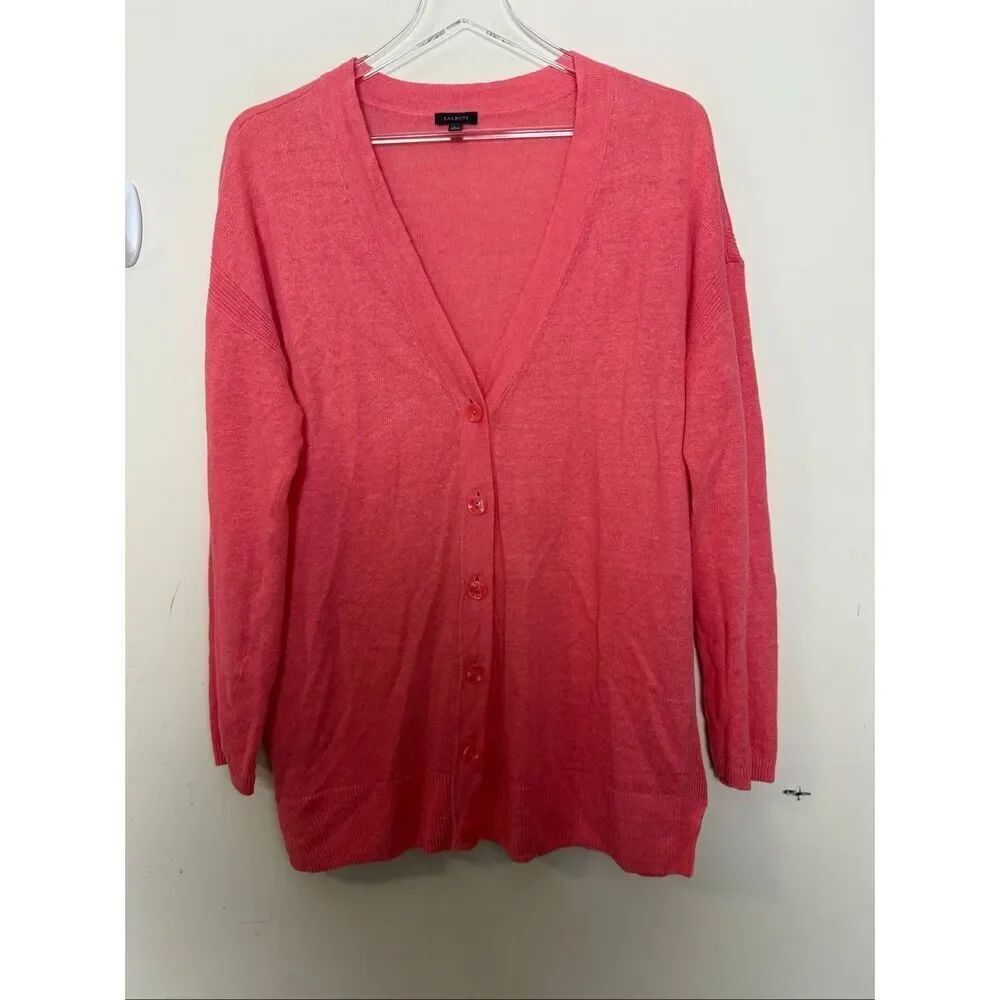 Talbots Coral Linen Button Front Cardigan Sweater Size Large Lightweight Summer